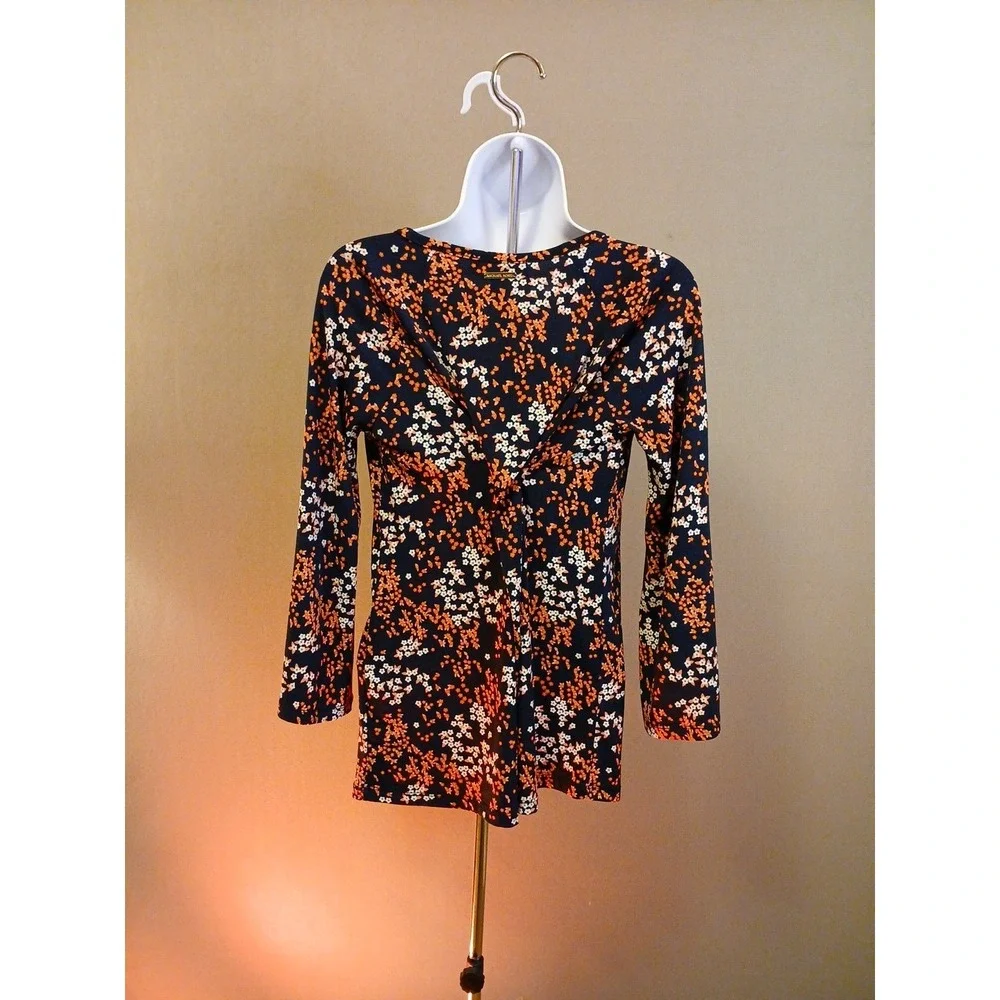 MICHAEL KORS Navy Floral Top Size Petite S Long‎ Sleeves with Ties Beautiful